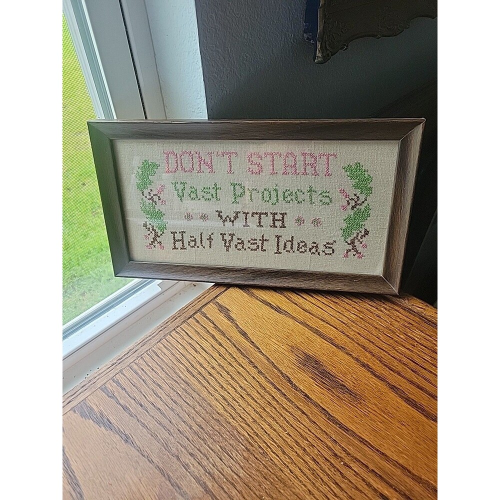 VTG Framed Needlepoint Cross Stitch Humor Quote Satire Home Decor 13x7 approx